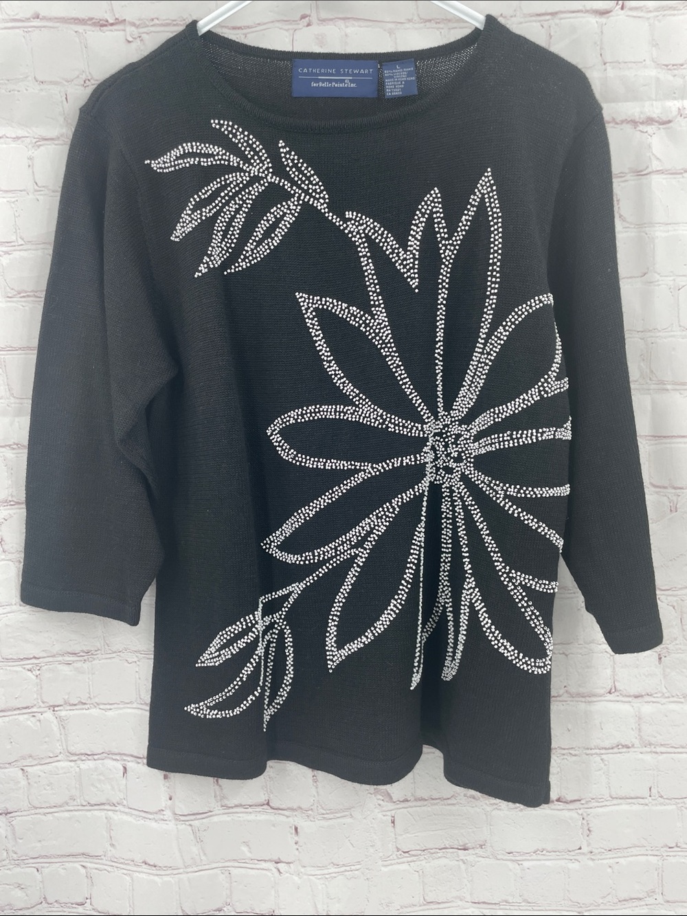 Catherine Stewart Black Knit Top 3/4 Sleeve Rhinestone Detail Ramie L Sweater